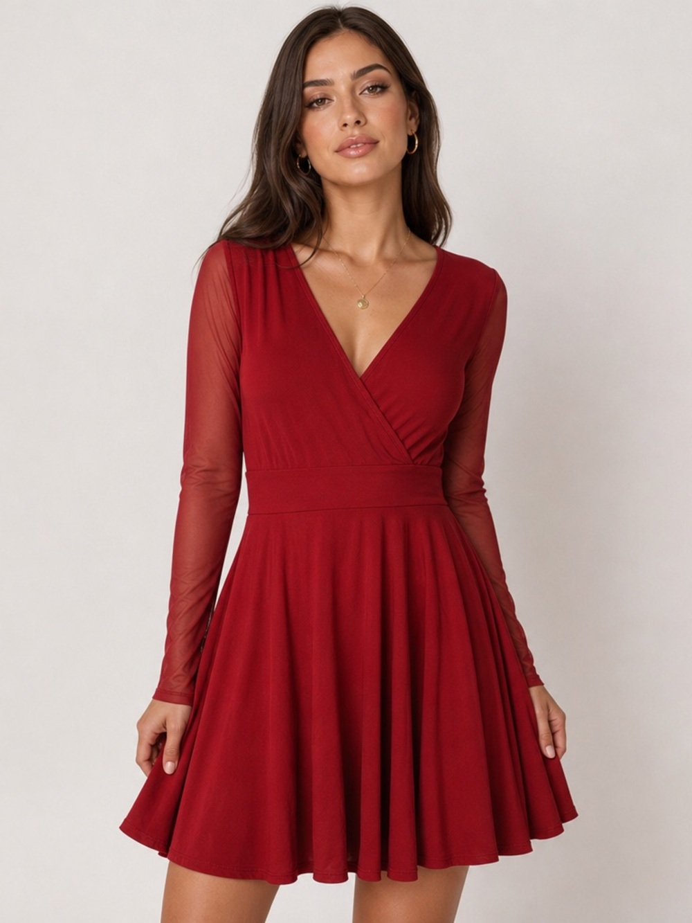 SHEIN Red Long Sleeve Dress Sheer Sleeves